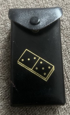 Vintage 70er Jahre Mini Dominosteine Set im schwarzen Lederetui