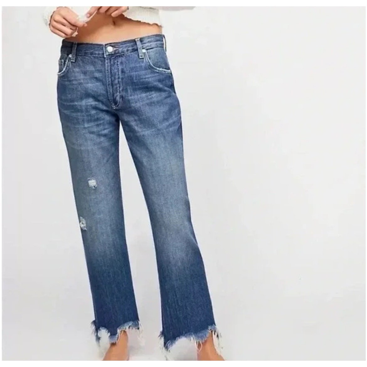 Free People We The Free Maggie Mid Rise Straight in Sequoia Blue Size 26 Raw Hem