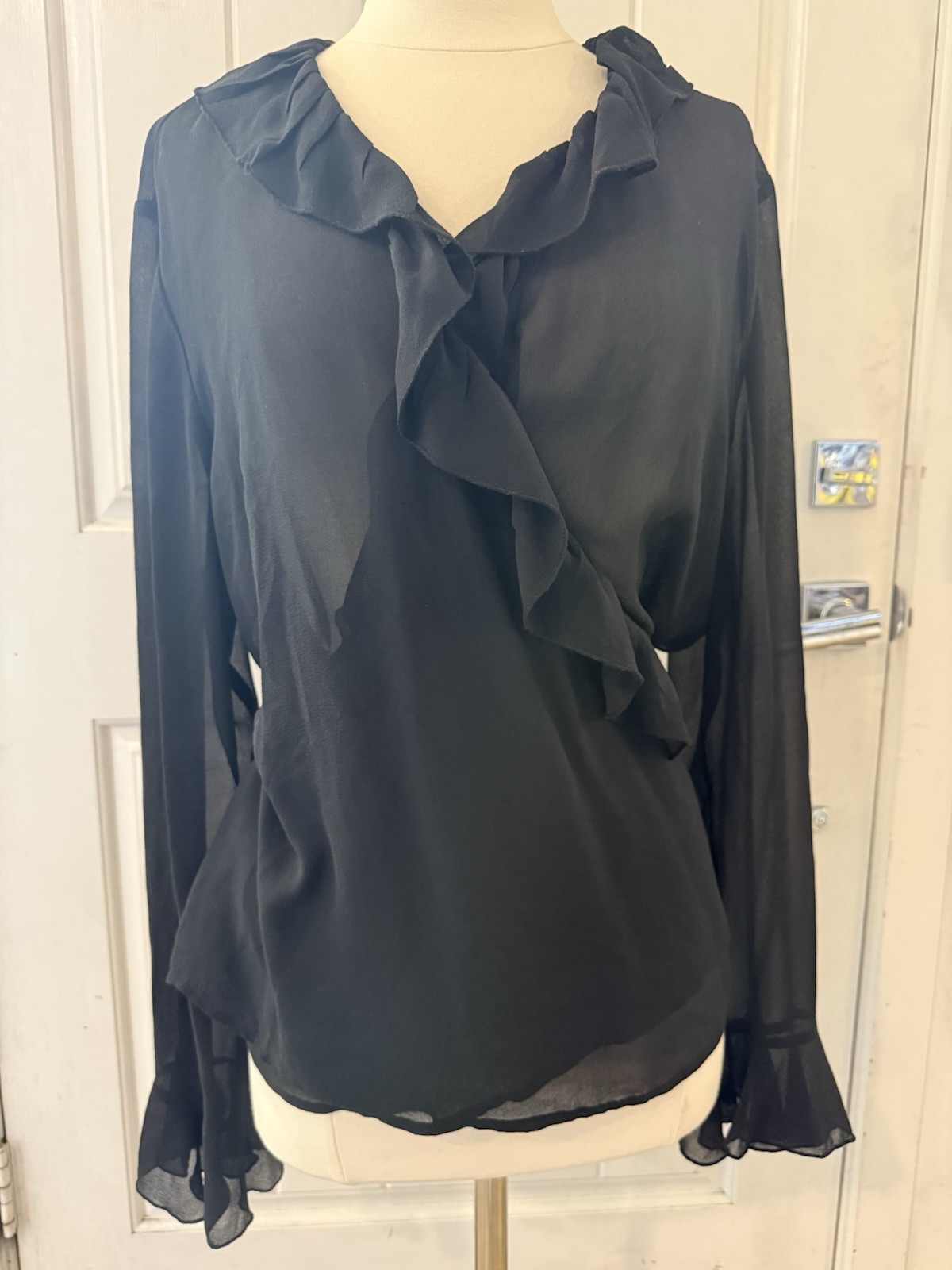 VTG Donna Gray 100% silk sheer Black Wrap Blouse bell sleeve XL ethereal witchy