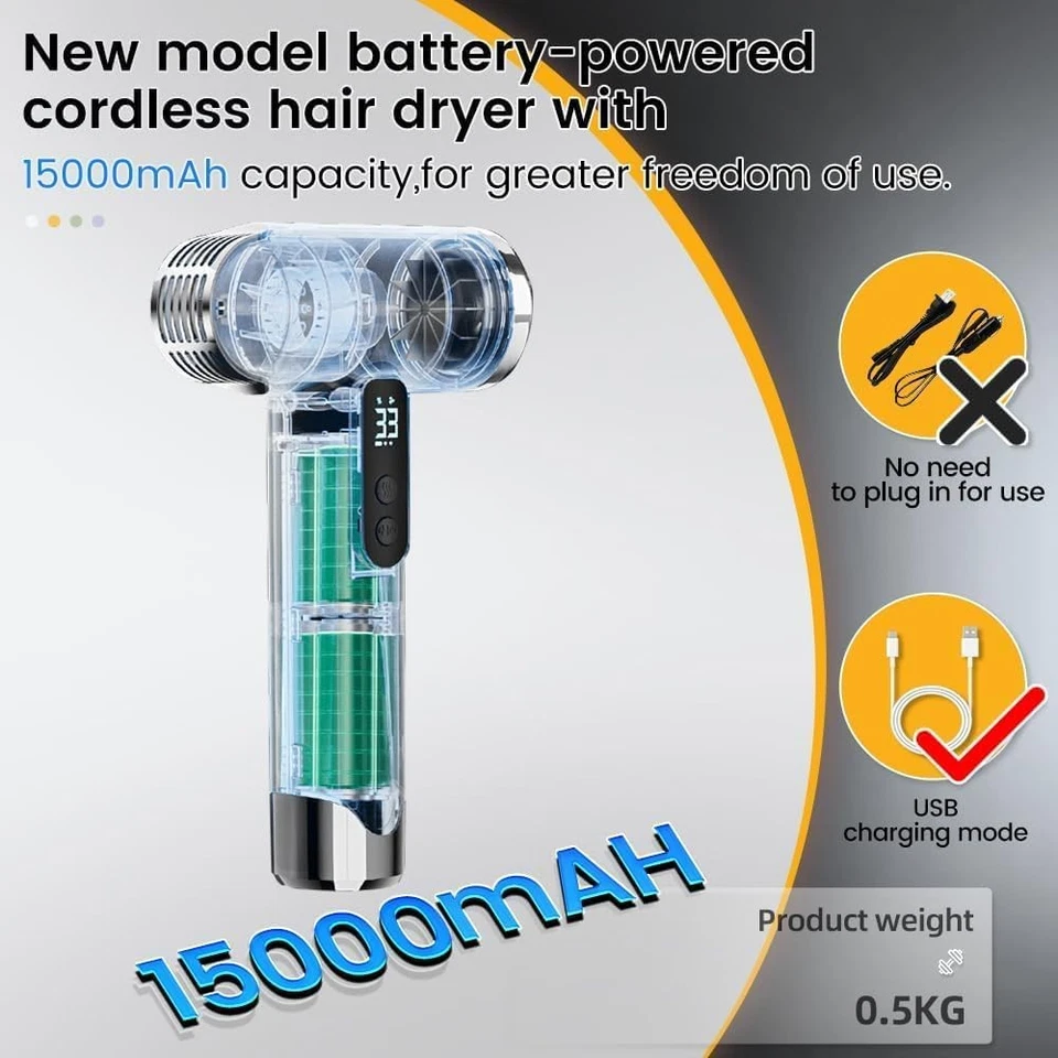 Secador de pelo inalámbrico, secador de pelo de viaje inalámbrico a batería para camping y autocaravana Foto 2 de 4