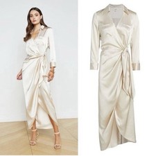 L’Agence Silk Kadi Long Wrap Dress Champagne Collared Cocktail Size 2