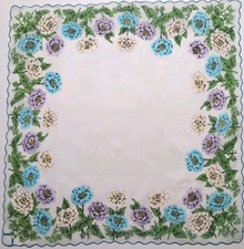 Vtg Blue  Purple Floral Print Handkerchief W/Blue Scallop Stitched Edging 16"