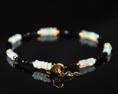 Natural Ethiopian Opal and Black Crystal Beaded Bracelet, Gold-Tone Accents, Ele - Picture 3 of 6
