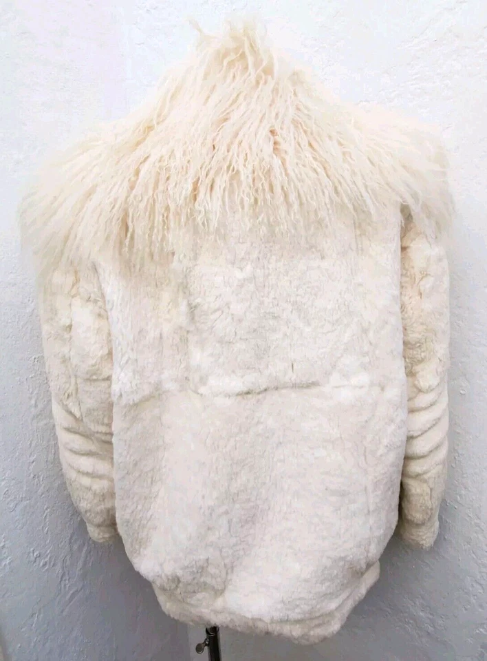 VTG 80s Boho Lux Retro Cream Mongolian Lamb Sheared Rabbit Fur Jacket Coat Sz M - Image 4 of 4