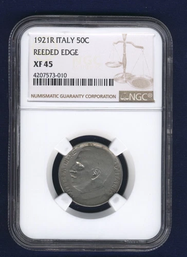 ITALY KINGDOM 1921-R 50 CENTESIMI COIN, NGC CERTIFIED XF 45, KEY DATE!