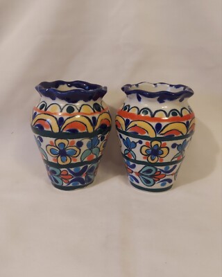Tonala Mexico Erandi Pottery Handpainted Pair Of Vases
