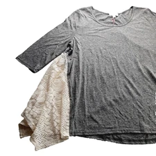 Umgee Women's 3/4 Length Sleeve Swing Tee Top Size Small Gray with Ivory Lace