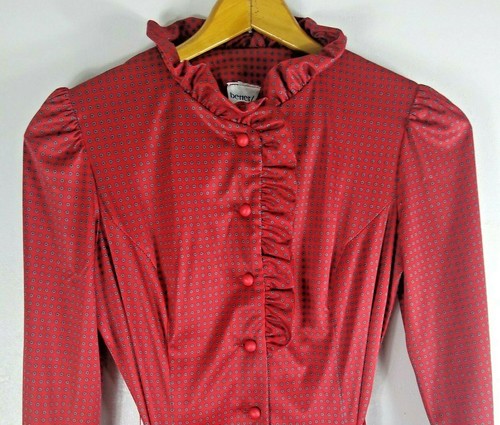 Women's Girls Vintage Dress 70s Red Floral Long Sleeve Silky Ruffle 14.5 / Small