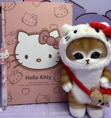 MOFUSAND Katze Hello Kitty Plüsch Kuschel Charm Hardcover A5 Notizbuch Gelstift Geschenk