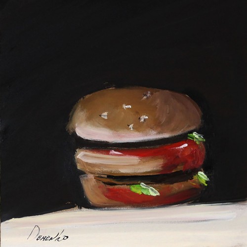 Arte de bodegón de hamburguesas firmado por Natalie Demenko pintura al óleo UCRANIA 8x8