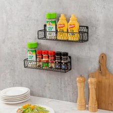 Wall Mounted Black Metal Spice Rack Organizer Seasoning Hanging Racks, Set of 2