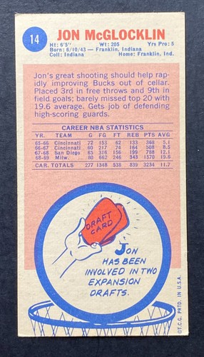 1969-70 Topps - Jon McGlocklin #14 (RC) en muy buena condición - Imagen 2 de 2