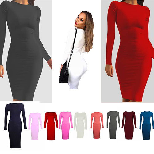 WOMEN MIDI LONG SLEEVE STRETCH BODYCON 
