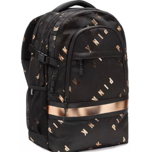 New Victoria's Secret VS PINK Collegiate Backpack Black Gold Foil Logo Letters