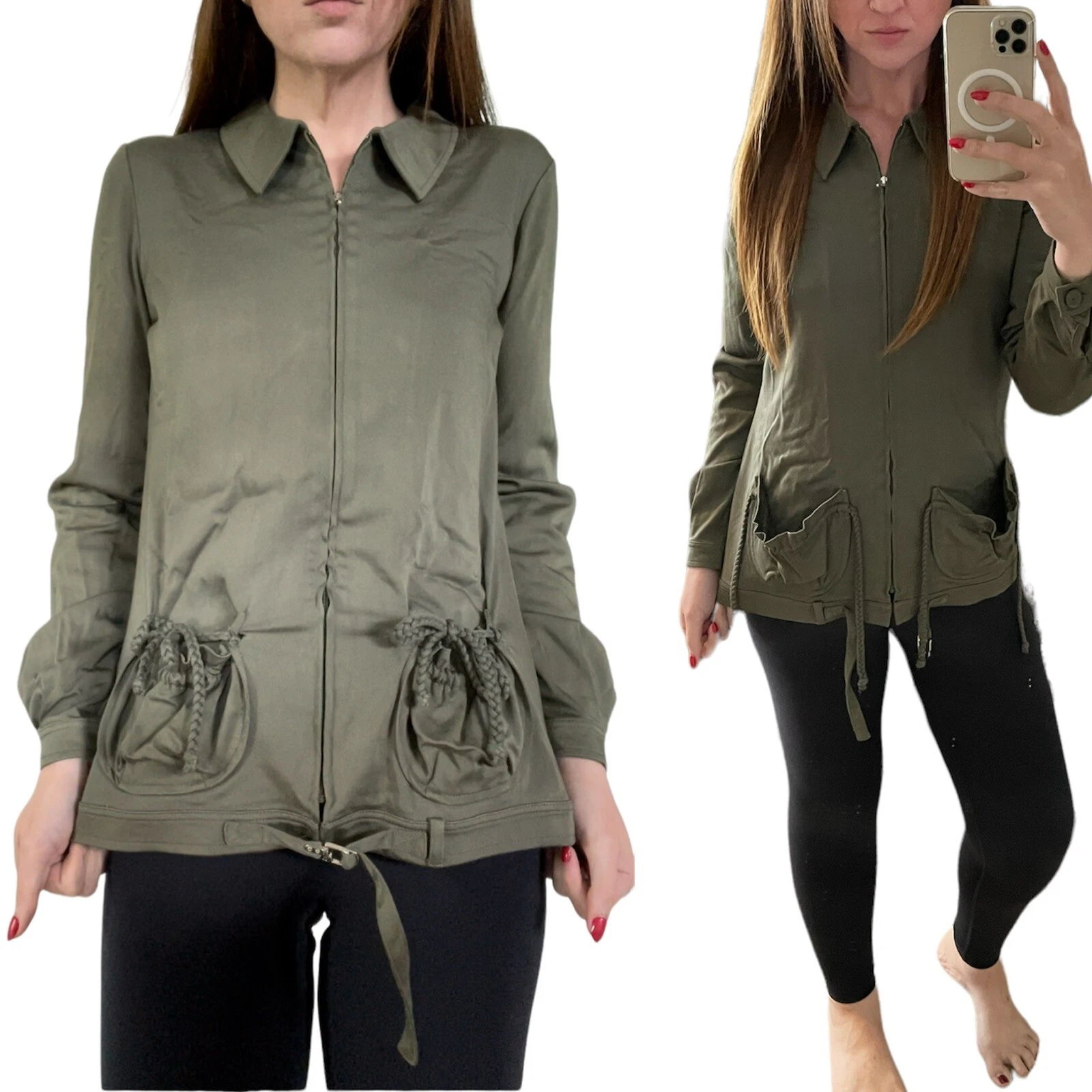 Veste sergé vert olive Christian Dior 10 zippées logo ceinture avant tressé