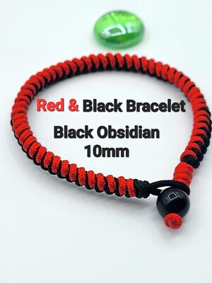 Red & Black Weave Amulet Protection Knitted String Bracelet Black Obsidian 10mm