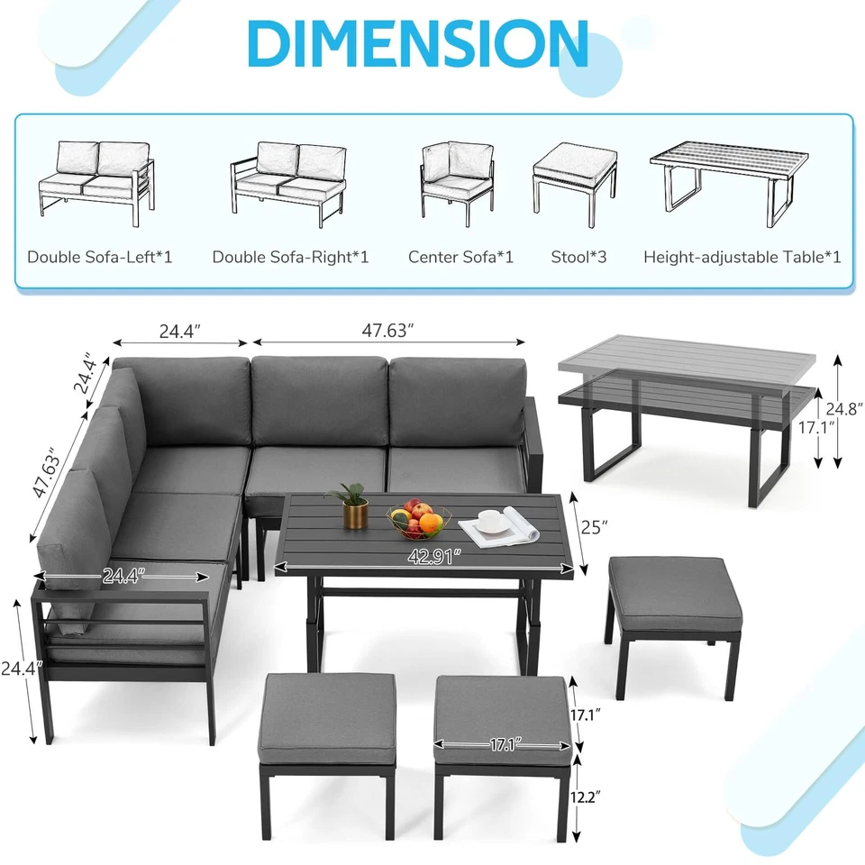 Juego de muebles de aluminio para patio exterior de 7 piezas sofá seccional taburete de mesa ajustable Foto 4 de 4