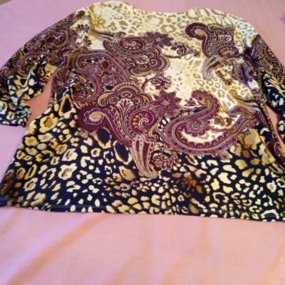 Chico s Sz 3 Blouse Womens Cheetah Leopard Print 3/4th Sleeve Paisley Shirt Top