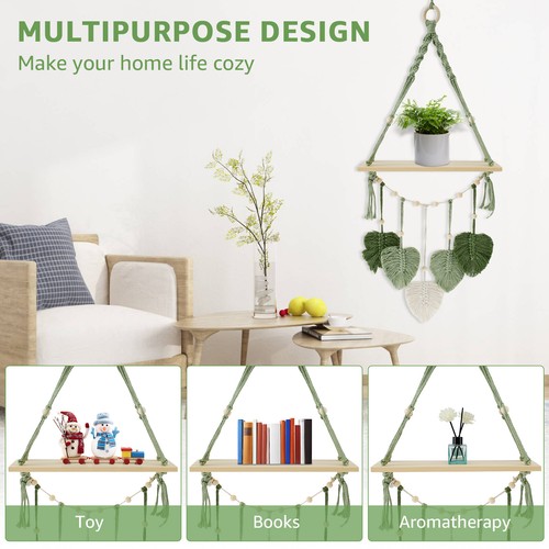 Macrame Wall Hanging Shelf with Woven Leaves Wood Floating Storage Shelf qiOBV - Picture 3 of 12
