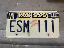 KANSAS LICENSE PLATE TRIPLE NUMBER  MI Miami COUNTY ESM 111 SEPTEMBER 1993