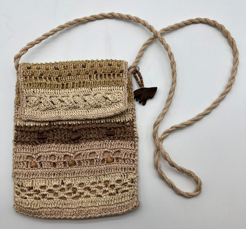 Capelli Straworld Crochet Cross Body Purse Tan Beads Boho Bag Lined GREAT COND