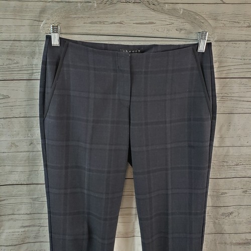 Theory Womens Pants Sz 6 Black Blue Plaid Wool Blend Cuffed Low Rise - Picture 2 of 7