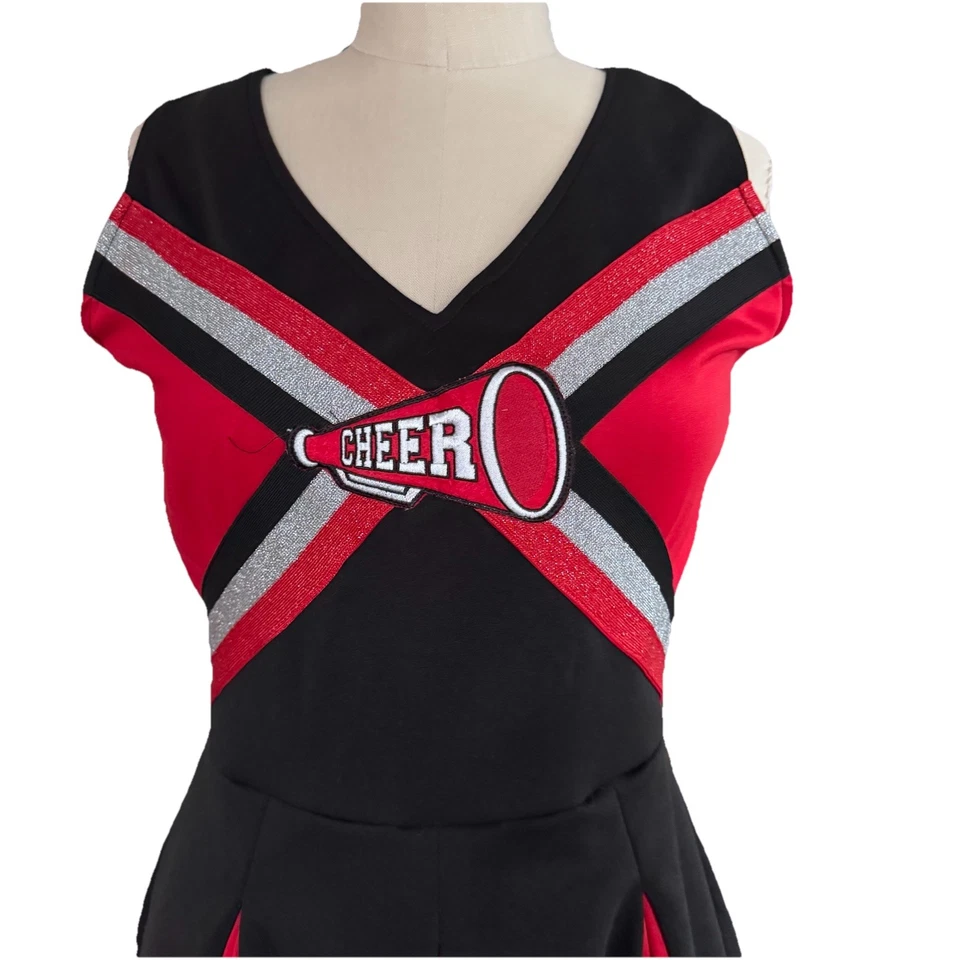 Disfraz de animadora para adulto rojo/negro/plateado talla adulta para mujer vestido mediano solamente Foto 2 de 4