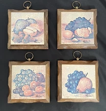 Vintage HOMCO Wall Art Plaques Set Fruit Pear Home Decor 4 PC Wood Square 5 X 5
