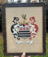 Ancien blason encadré Willet nom de famille dragon lions 15,75 x 12,5 pouces