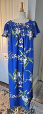 Vintage Hawaiian Muumuu Maxi Dress Kaftan Tropical Blue Flutter Sleeve