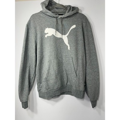 PUMA Men s Medium Gray Pullover Hoodie White Big Logo Fleece Sweatshirt