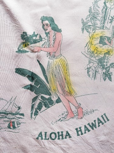 Vintage Hawaii Tablecloth Aloha Hula Map Cotton 41x41 Mid Century Tiki