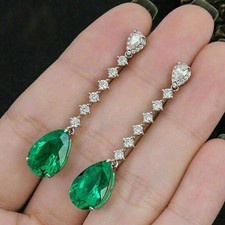 Beautiful Long Dangle Earring Simulated Lab Gown Emerald Pear Cut Silver925