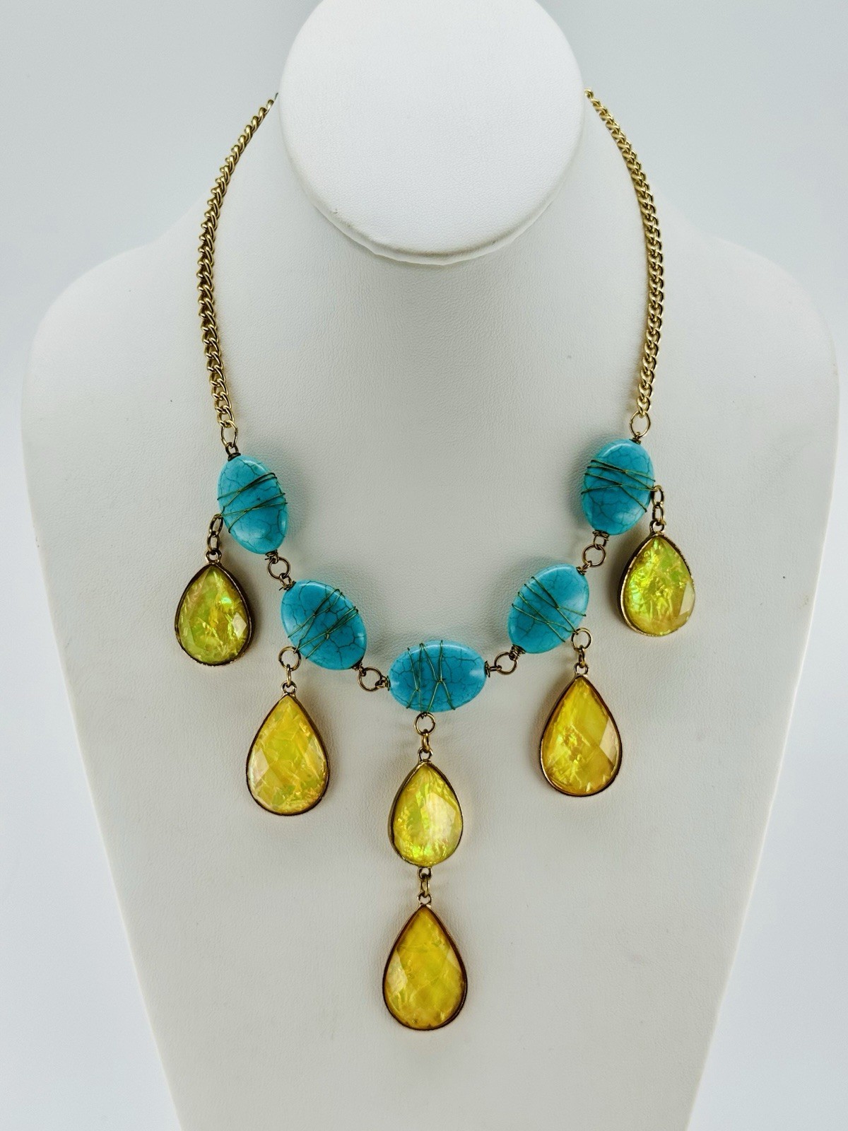 Turquoise Yellow Statement Necklace Teardrop Boho… - image 1
