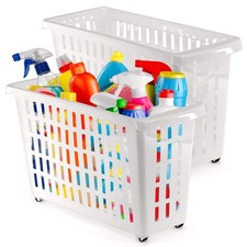 2x White Storage Baskets with Wheels Home Office Under Sink Organiser Shelves