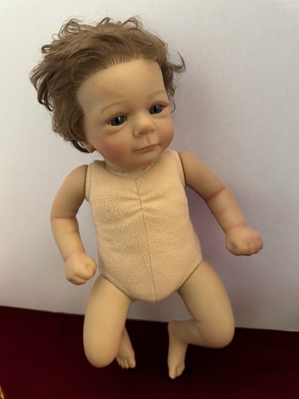 Reborn Baby Doll 16 1/2" Brown Hair Blue Eyes Realistic Nude Soft Tan Belly