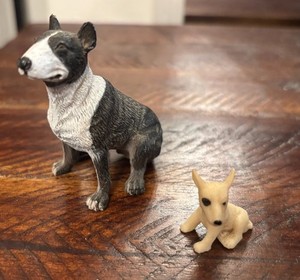 Bull Terrier Figurine Toy 2.5” Plastic Dog Black + white terrier plus small