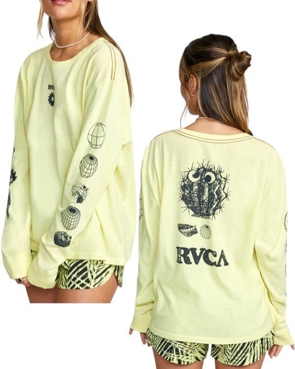 RVCA Pet Cactus Long Sleeve Tee Sz S Yellow Black Hand Dyed Graphic 100% Cotton
