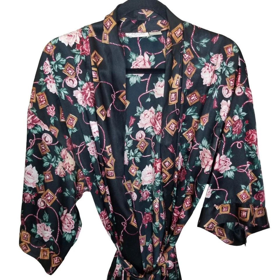 Go Softly Robe Women L Black Satin Floral Robe Long Robe Women Lounge Robe - Image 2 of 4