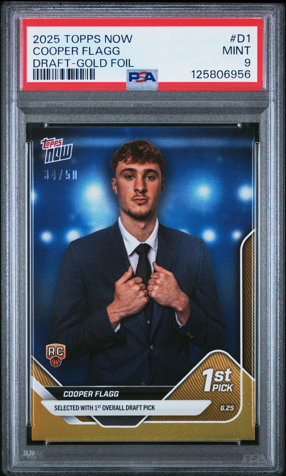 2025 TOPPS NOW DRAFT GOLD FOIL #D1 COOPER FLAGG ROOKIE RC 34/50 PSA 9
