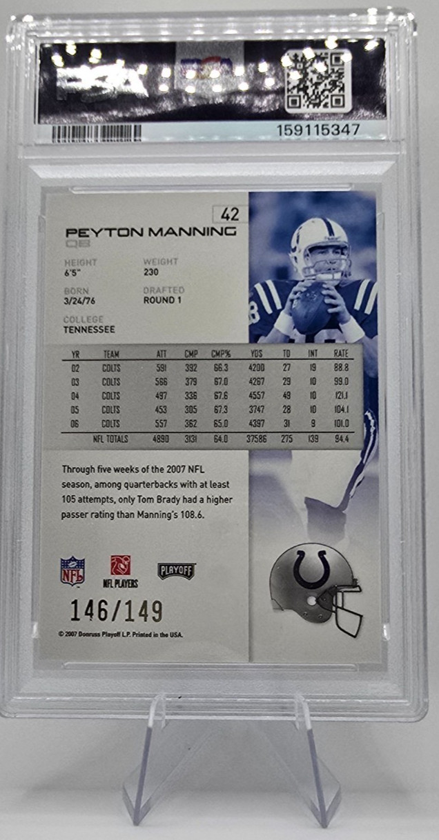 2007 Playoff NFL Playoffs Gold Metalized #42 Peyton Manning /149 PSA 8 q001 view 2