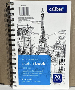 Caliber Medium Weight Sketch Book 6 x 9 in Spiral Bound, Acid Free, 70 Sheets