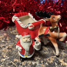 Vintage 1950s Kreiss Japan Santa Reindeer Candy Cane Sleigh Christmas Ceramic