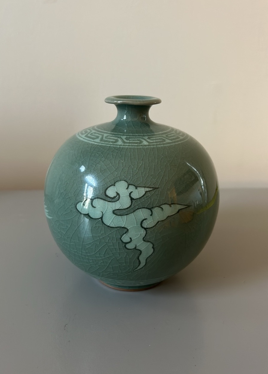 Crackle Celadon Vase With Flying Crane Design