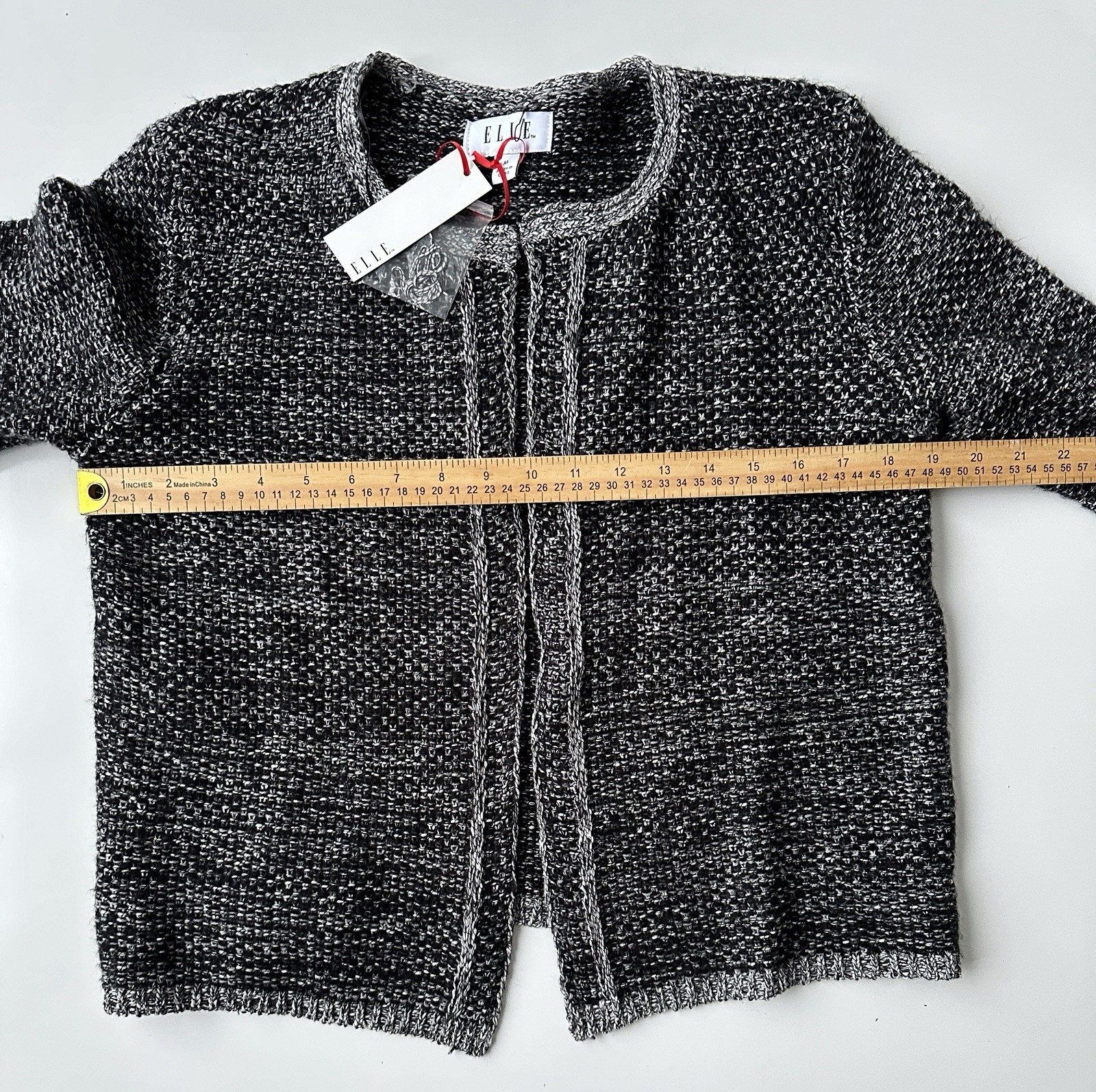 NWT Elle Black White Tweed Look Open Front Cardigan Work Sweater Women’s Medium