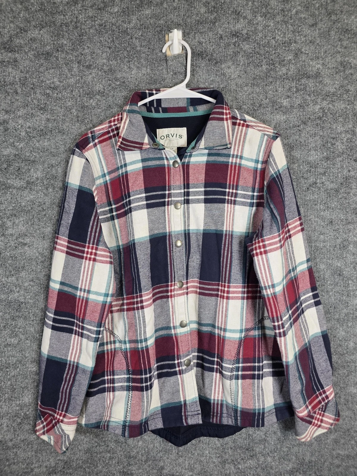 Orvis Shirt Mens Large Red Blue Flannel Plaid Fleece Lined Snap Front Shacket