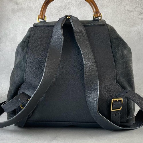 Gucci Suede Bamboo Backpack Leather Black Navy Unisex Used - Picture 3 of 10