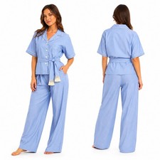 VTG 50s 60s Women s Pajamas Set NOS Sanforized Cotton Blue White Piping Sz 34