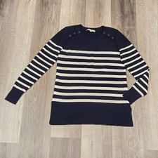 Ann Taylor Loft Navy Blue Striped Sweater Shoulder Buttons Nautical Sz Small