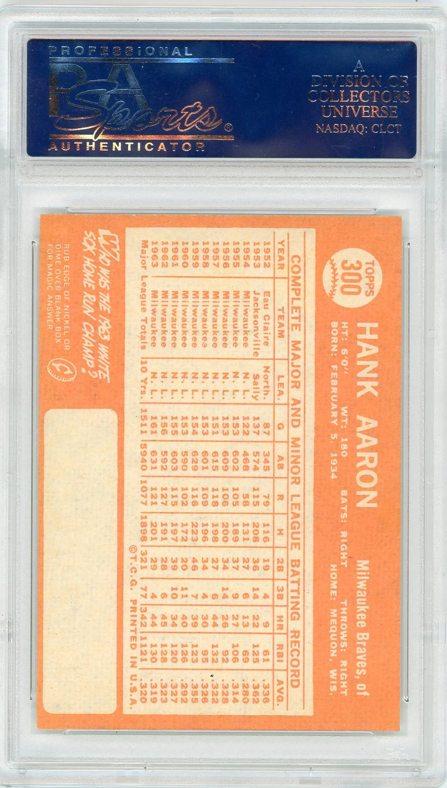 1964 Topps Hank Aaron #300 PSA 6 view 2